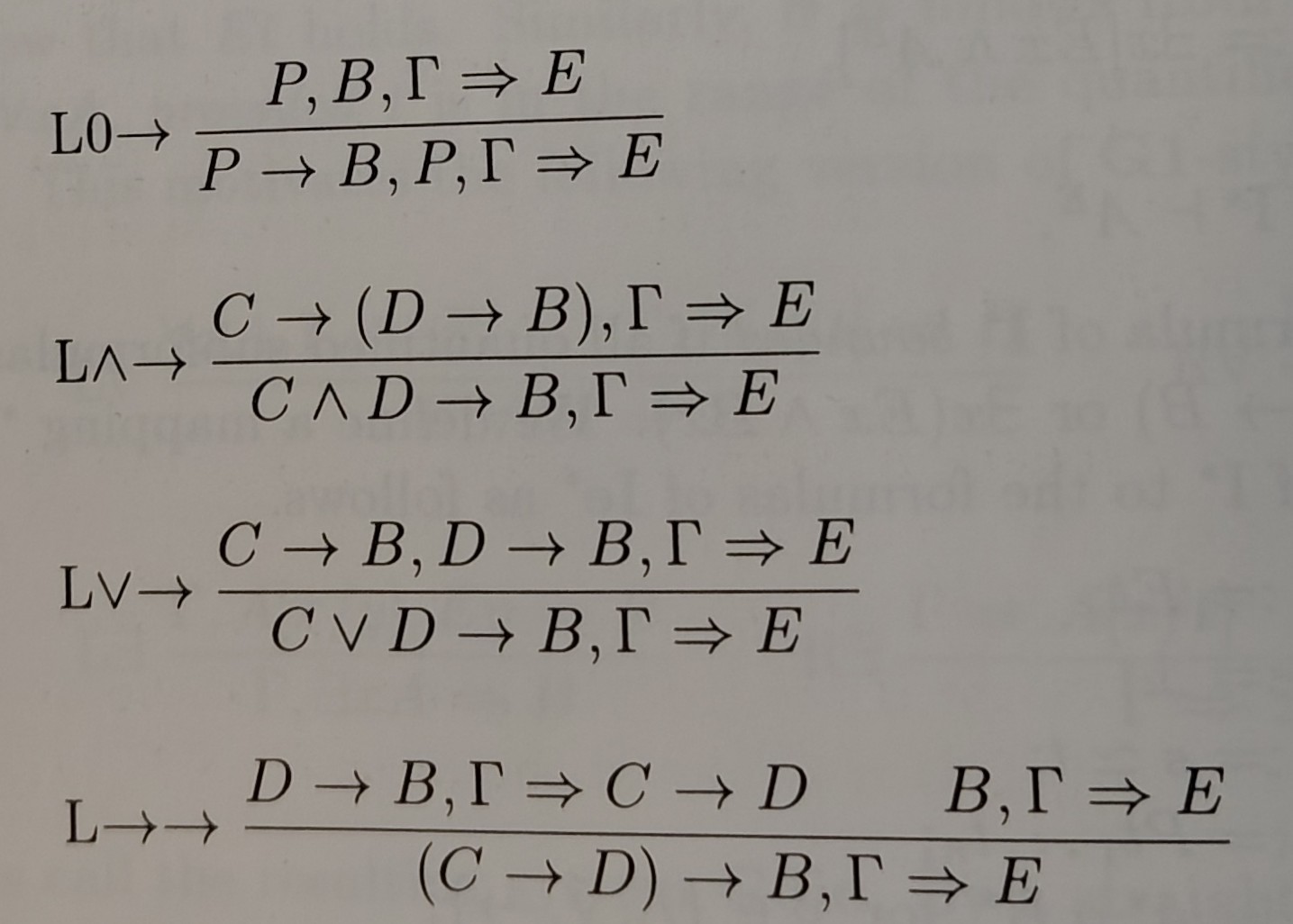 Four 'left-implication' rules in an intuitionistic sequent calculus.